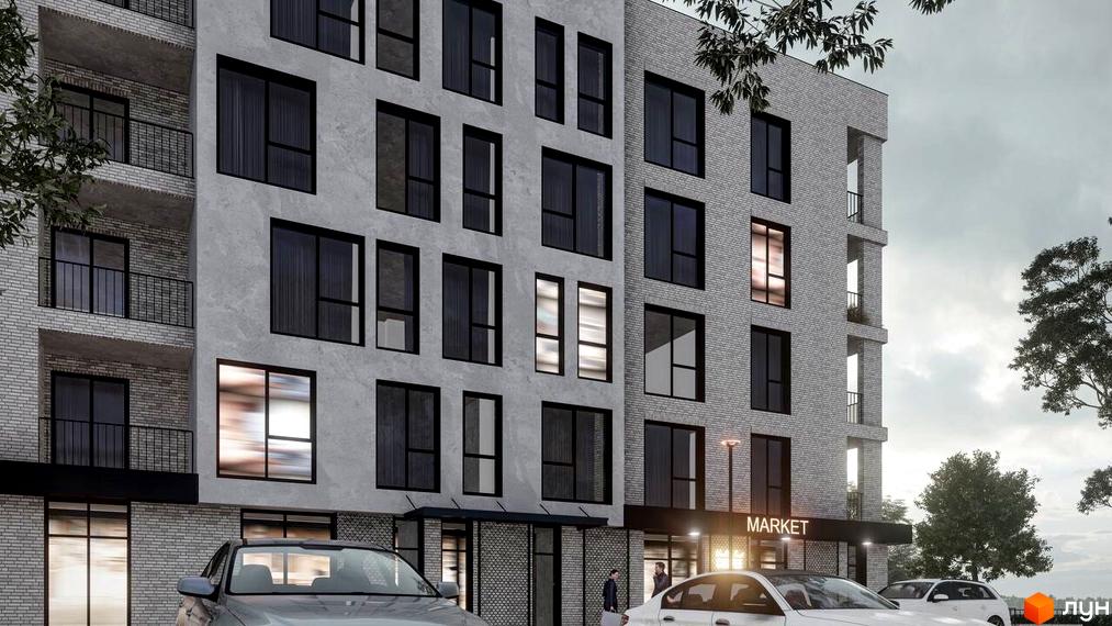 Зображення фасаду будівлі Клубний будинок San Marco з великими вікнами та входом до магазину. Біля будинку припарковані автомобілі.