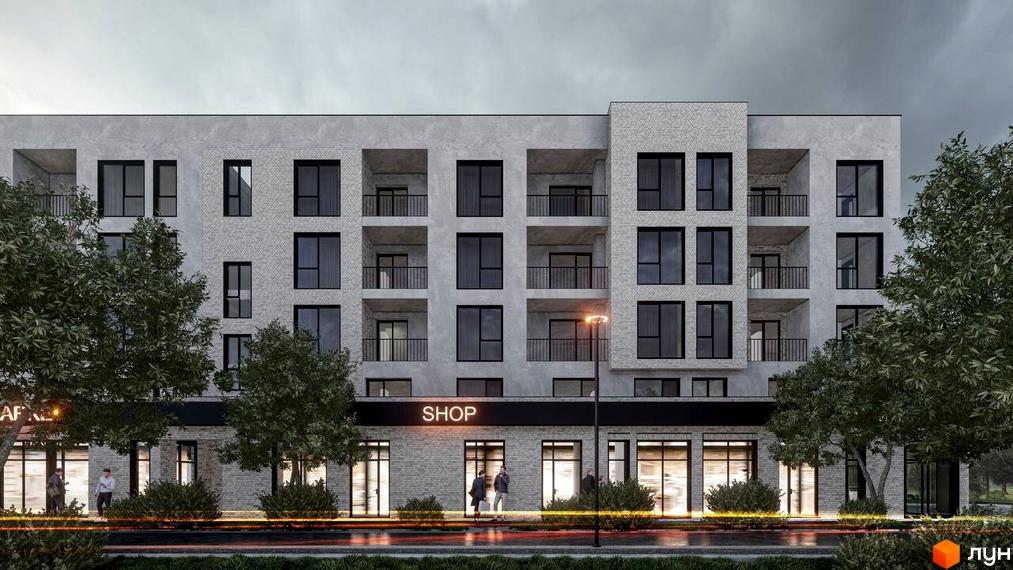 Зображення фасаду будівлі Клубний будинок San Marco з великими вікнами та балконами. Біля будинку зелені насадження та тротуар.