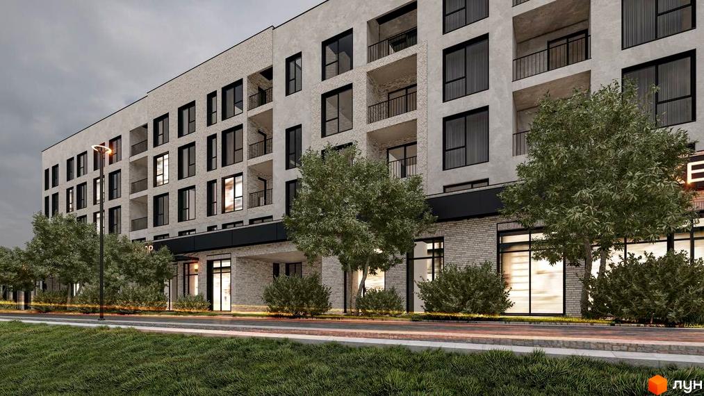 Зображення фасаду будинку житлового комплексу San Marco з великими вікнами та балконами. Перед будинком зелені насадження та доріжка.