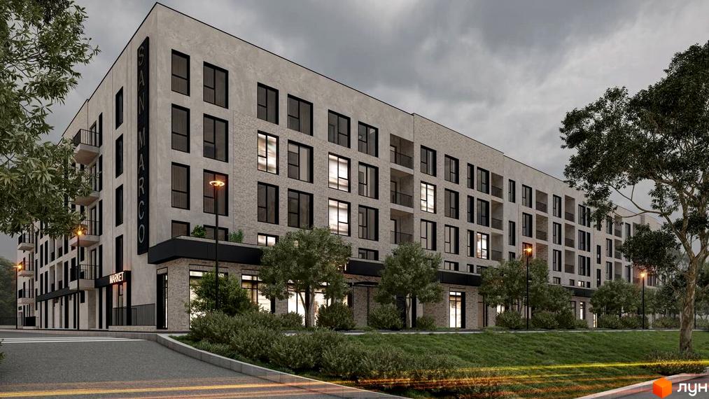 Житловий комплекс San Marco — багатоповерховий будинок з великими вікнами та балконами. На території є зелені насадження та освітлення.