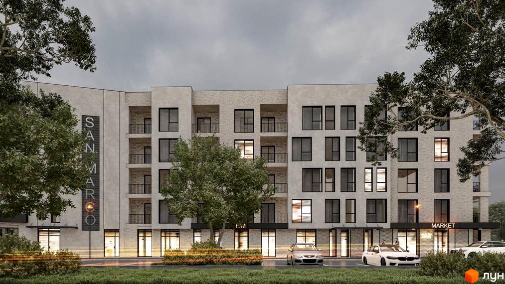 Зображення фасаду Клубного будинку San Marco з великими вікнами та балконами. На передньому плані видно дерева та автомобілі біля будівлі.