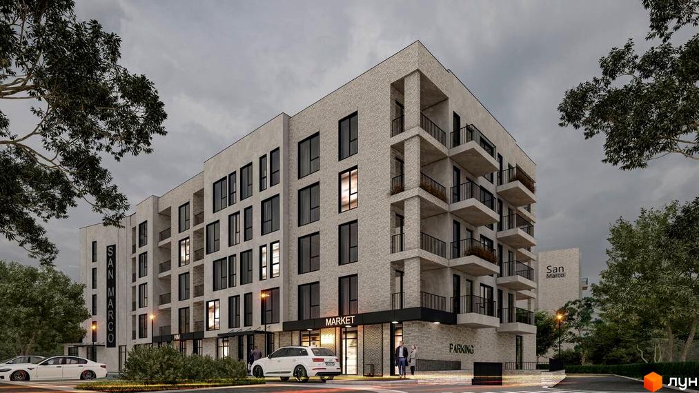 Зображення фасаду будівлі клубного будинку San Marco з великими вікнами та балконами. Поруч розташована прибудинкова територія з парковкою та зеленими насадженнями.