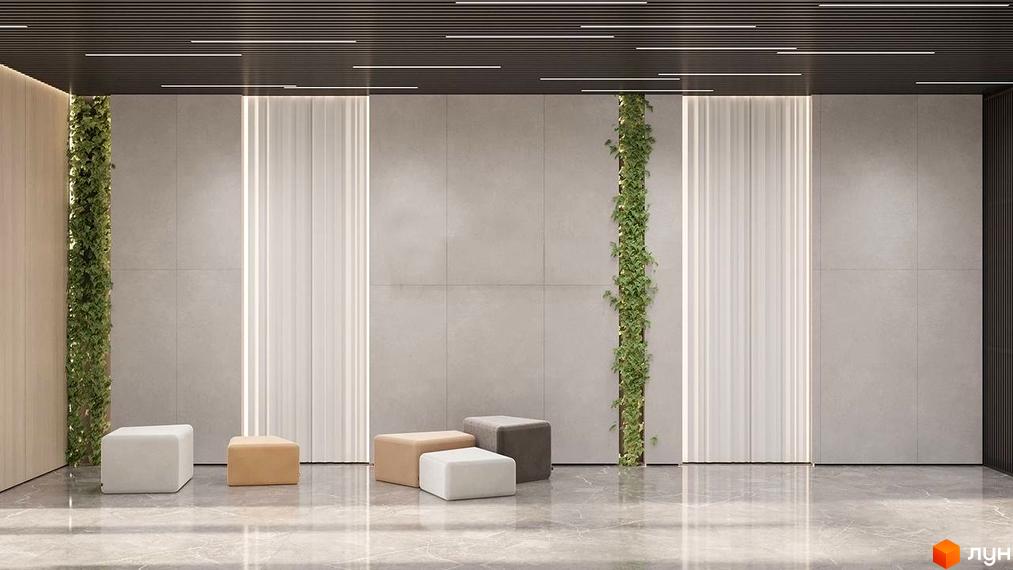Інтер'єр холу в ЖК San Marco з рослинами на стінах, м'якими пуфами та глянцевою підлогою. Світлий простір з акцентом на природні елементи.