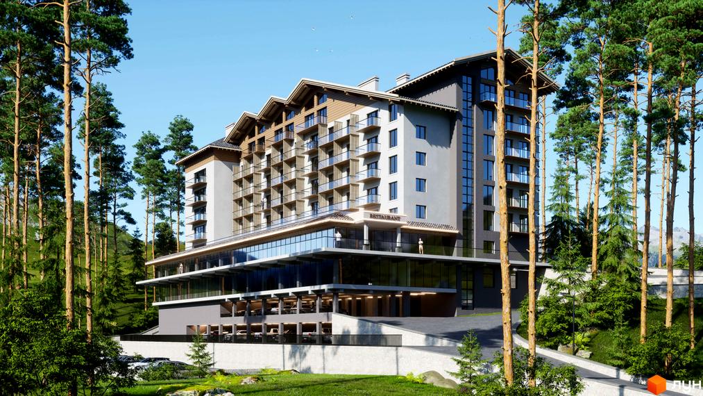 Bergahouse Apartments - це багатоповерховий житловий комплекс з балконами та скляними фасадами, оточений високими соснами та гірським ландшафтом.