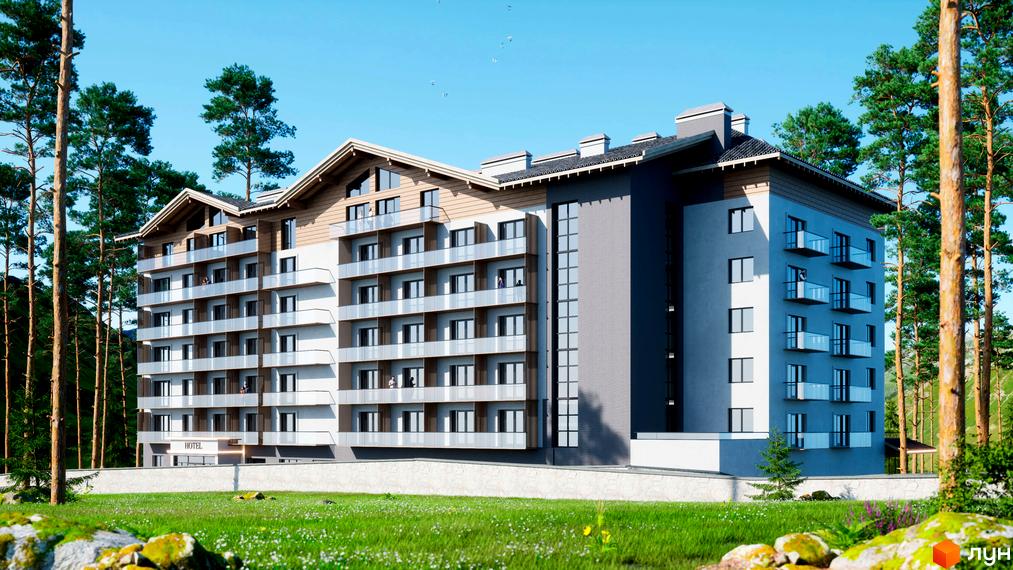 Зовнішній вигляд житлового комплексу Bergahouse Apartments з дерев'яними елементами та скляними балконами, оточений соснами та зеленою галявиною.