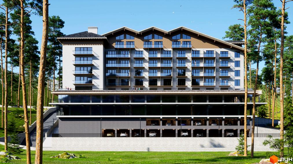 Bergahouse Apartments - багатоповерховий житловий комплекс з балконами та панорамними вікнами, оточений соснами та зеленими схилами.