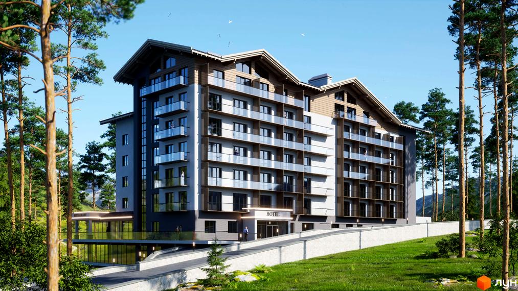 Bergahouse Apartments - це багатоповерховий житловий комплекс з балконами та панорамними вікнами, розташований серед високих сосен. Територія навколо будинку вкрита зеленою травою та має доглянуті доріжки.