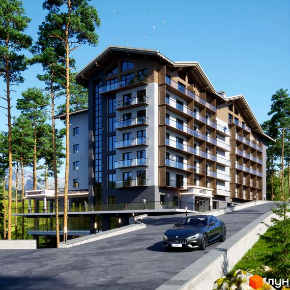 Bergahouse Apartments - новий житловий комплекс з багатоповерховими будівлями, балконами та панорамними вікнами, розташований серед дерев біля гір.