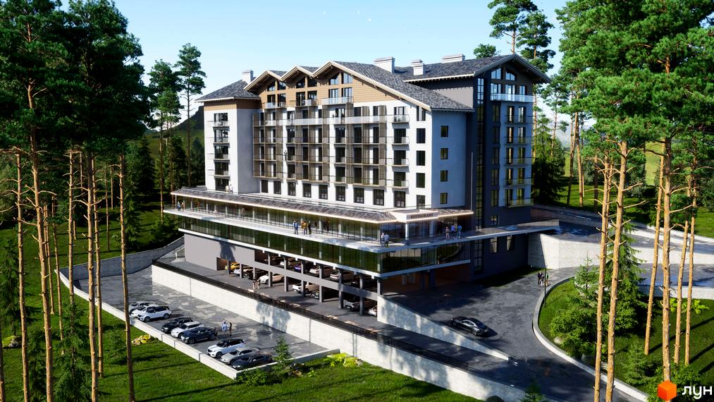 Зовнішній вигляд житлового комплексу Bergahouse Apartments з багатоповерховою будівлею та паркінгом, оточений соснами. Прибудинкова територія з газоном та автомобілями.