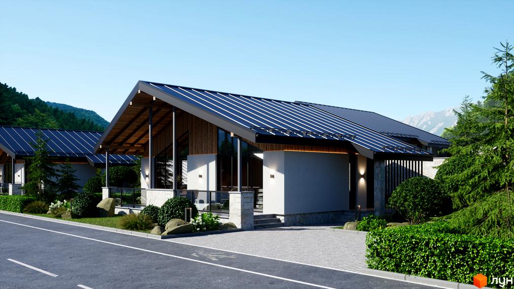 Котеджне містечко Chalet Berghouse з темним металевим дахом та дерев'яними елементами фасаду. Прибудинкова територія озеленена, з доріжками з бруківки та каменями.