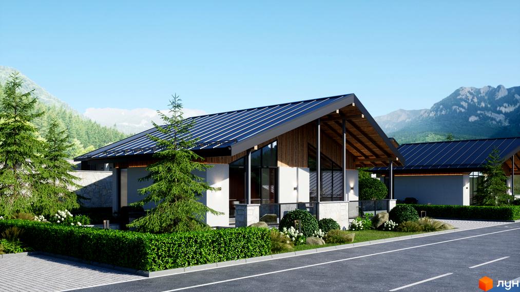 Котеджне містечко Chalet Berghouse з двосхилим дахом та великими вікнами, оточене зеленню та горами.