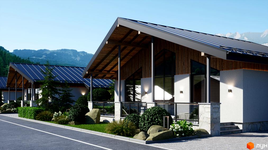 Котеджне містечко Chalet Berghouse з дерев'яними елементами та великими вікнами, оточене зеленню та гірським пейзажем. Сучасний дизайн будинків та доглянута прибудинкова територія.