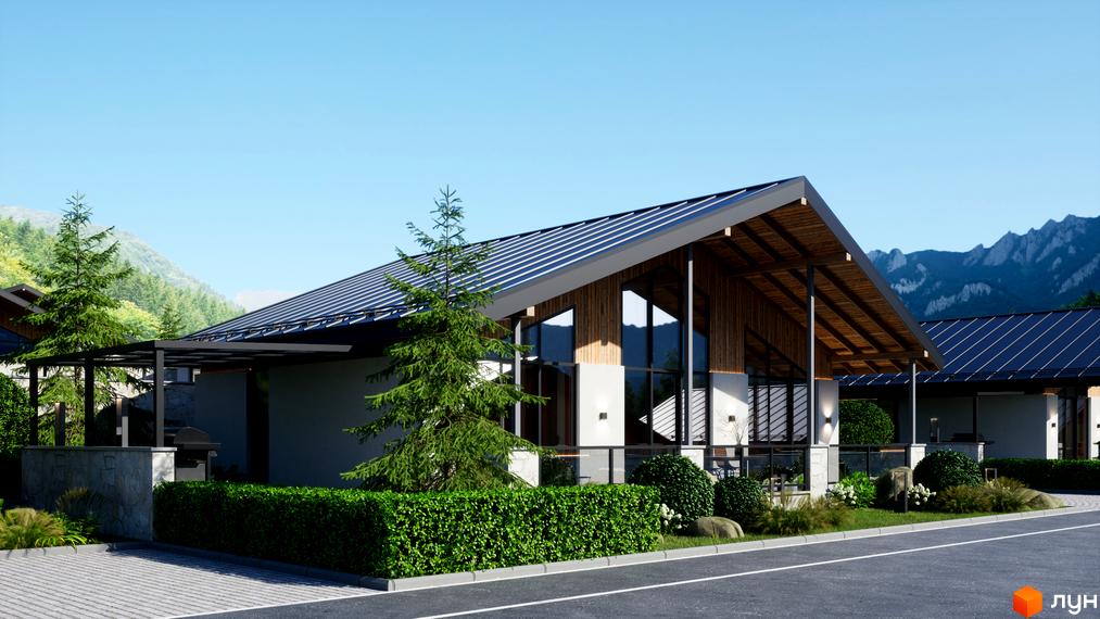 Котеджне містечко Chalet Berghouse: сучасний будинок з великими вікнами та дерев'яними елементами, оточений зеленню та гірським пейзажем.