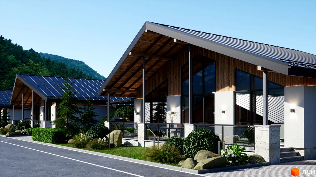 Котеджне містечко Chalet Berghouse з дерев'яними елементами та великими вікнами, оточене зеленню та гірським ландшафтом.