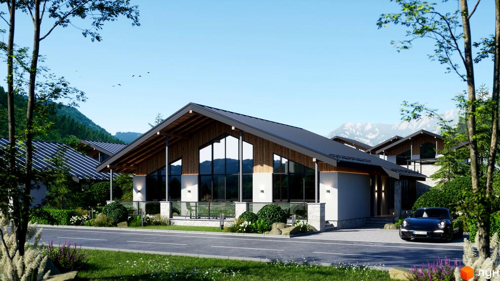 Котеджне містечко Chalet Berghouse: сучасний будинок з великими вікнами та дерев'яними елементами на тлі гір. Прибудинкова територія з доглянутим ландшафтом та дорогою.