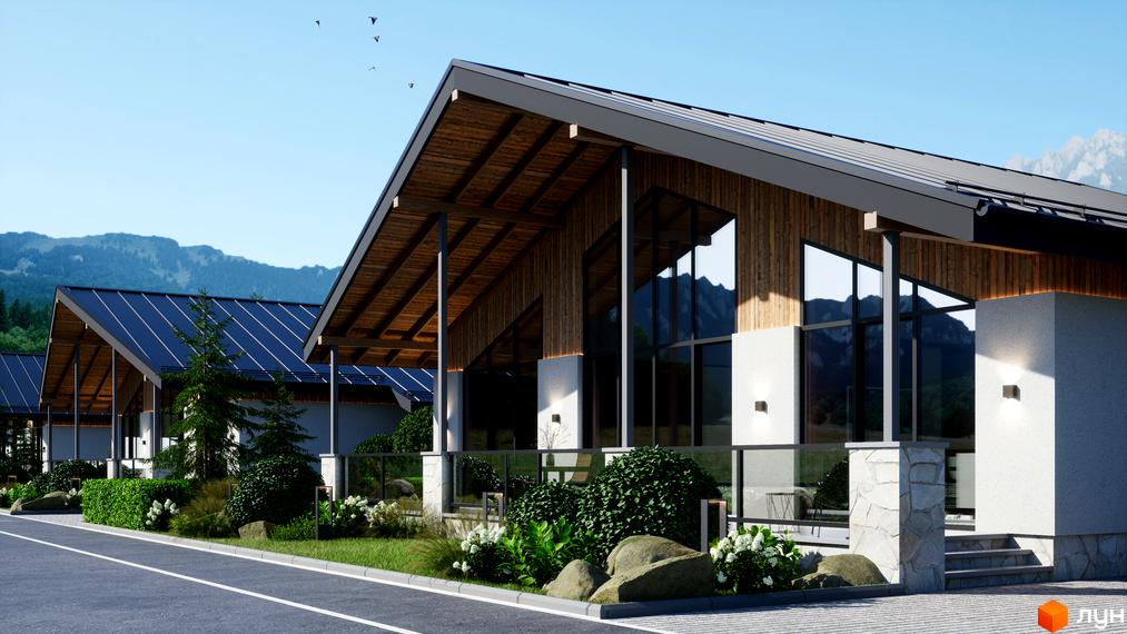 Котеджне містечко Chalet Berghouse з дерев'яними елементами фасаду, великими панорамними вікнами та доглянутою прибудинковою територією з зеленими насадженнями.