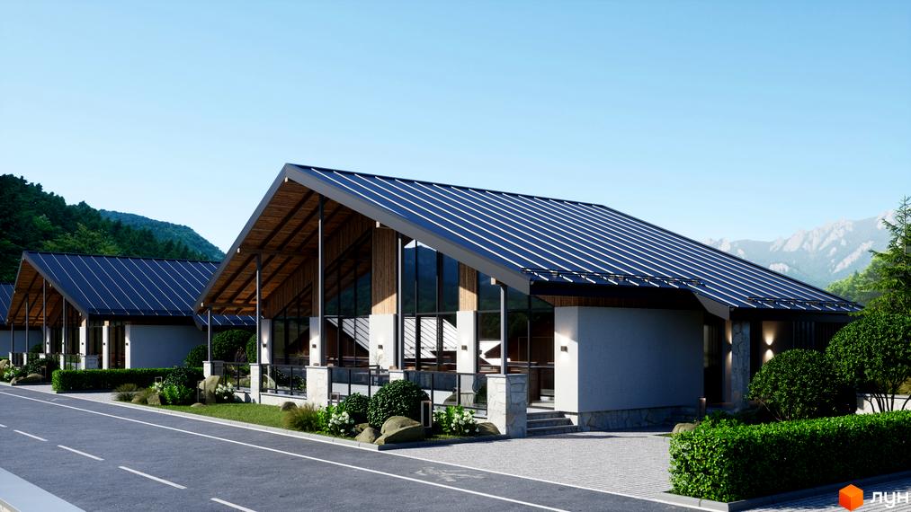 Котеджне містечко Chalet Berghouse з двосхилими темними дахами та великими вікнами, розташоване біля зелених гір. Перед будинками доглянута прибудинкова територія з кущами та каменями.