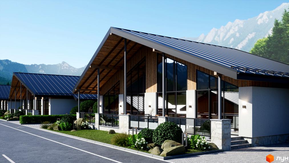 Котеджне містечко Chalet Berghouse з дерев'яними елементами та великими вікнами, розташоване біля гір та лісу. Прибудинкова територія озеленена кущами та кам'яними елементами.