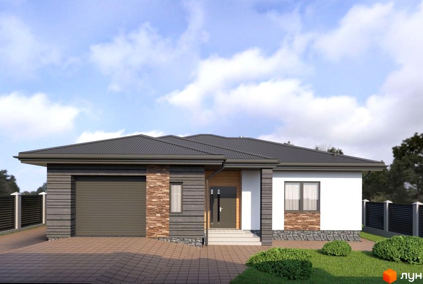 Котеджне містечко КМ Ledovskiy 2.0: одноповерховий будинок з гаражем, оздоблений дерев'яними панелями та каменем, з доглянутим газоном та парканом.