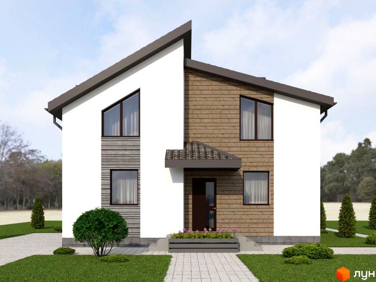 Котеджне містечко КМ Ledovskiy 2.0. Двоповерховий будинок з білими та дерев'яними фасадами, великими вікнами та доглянутою прибудинковою територією з газоном та деревами.