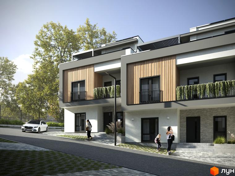 Зовнішній вигляд таунхаусів AVVA-3 з дерев'яними елементами та зеленню на балконах. На прибудинковій території видно дорогу, припаркований автомобіль та людей.