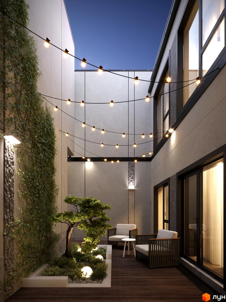 Таунхауси AVVA-3: зовнішній вигляд будинку з вікнами та терасою, прибудинкова територія з освітленням та зеленню.