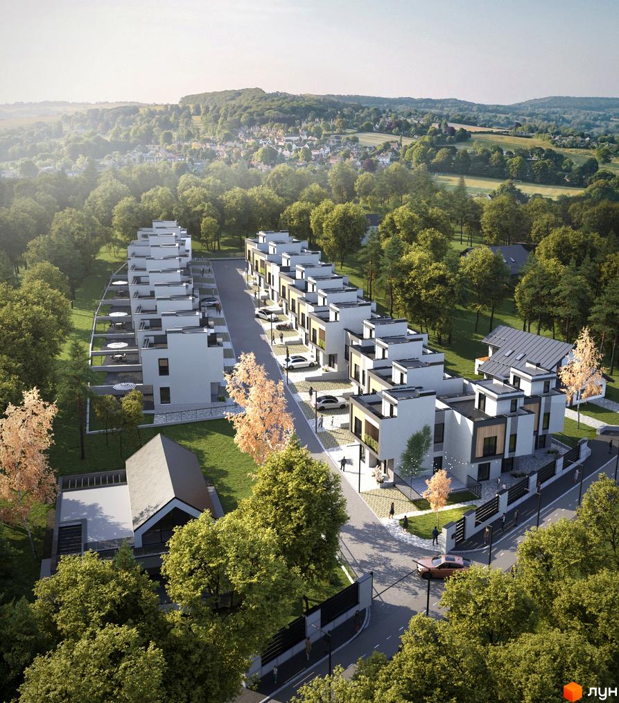 Таунхауси AVVA-3: сучасні будинки з терасами та парковками, оточені зеленню та мальовничим краєвидом.