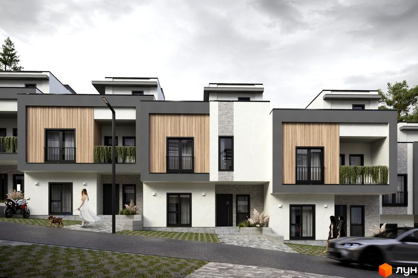 Зовнішній вигляд таунхаусів AVVA-3 з дерев'яними елементами та великими вікнами. На прибудинковій території видно доглянутий газон та доріжки.