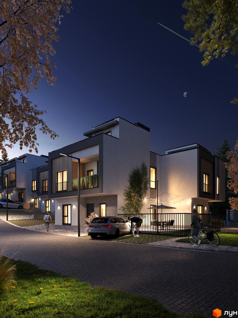 Таунхауси AVVA-3 з панорамними вікнами та балконами, освітлена вулиця з автомобілями та людьми.