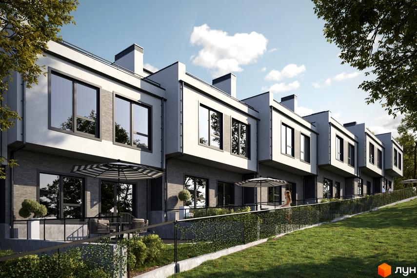 Таунхауси AVVA-3: фасади з великими вікнами та димарями, тераси з парасольками, зелена прибудинкова територія з газоном та кущами.