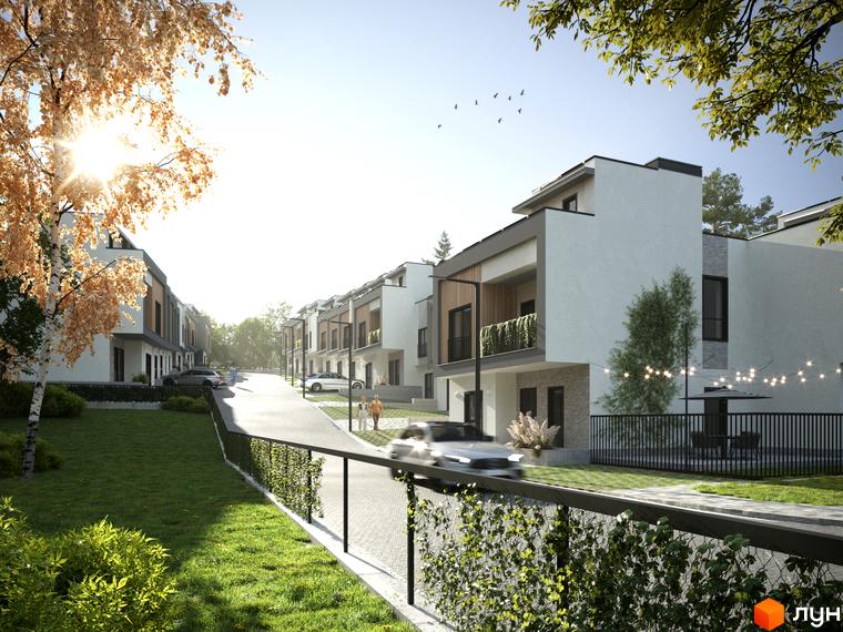 Таунхауси AVVA-3 з білими фасадами та дерев'яними елементами, розташовані вздовж дороги з доглянутою прибудинковою територією та зеленню.