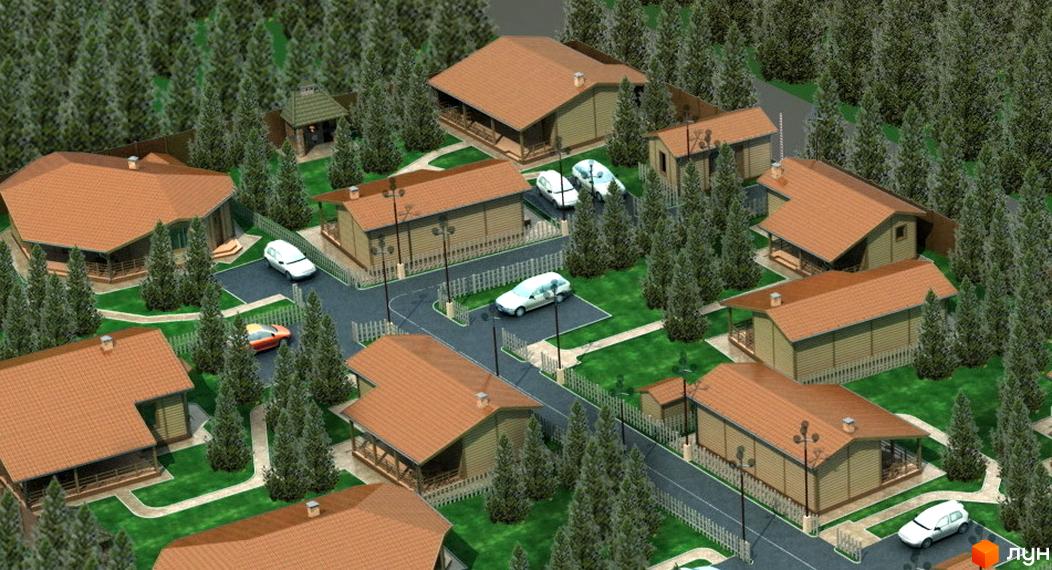 Зображення котеджного містечка КМ Дачне село з будинками та прибудинковою територією, оточеними зеленими насадженнями.