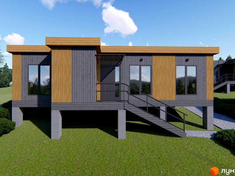 Зовнішній вигляд будинку котеджного містечка КМ КРАСІЯ РЕЗІДЕНС, з сірою та дерев'яною обшивкою, на сваях, з сходами та прибудинковою територією з травою. Навколо зелені насадження та блакитне небо з хмарами.