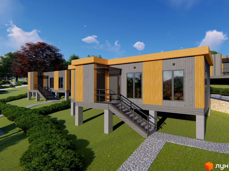 Котеджне містечко КМ КРАСІЯ РЕЗІДЕНС. Будинки на палях з дерев'яним фасадом та сірими панелями, оточені зеленою травою та доріжками з каменю.