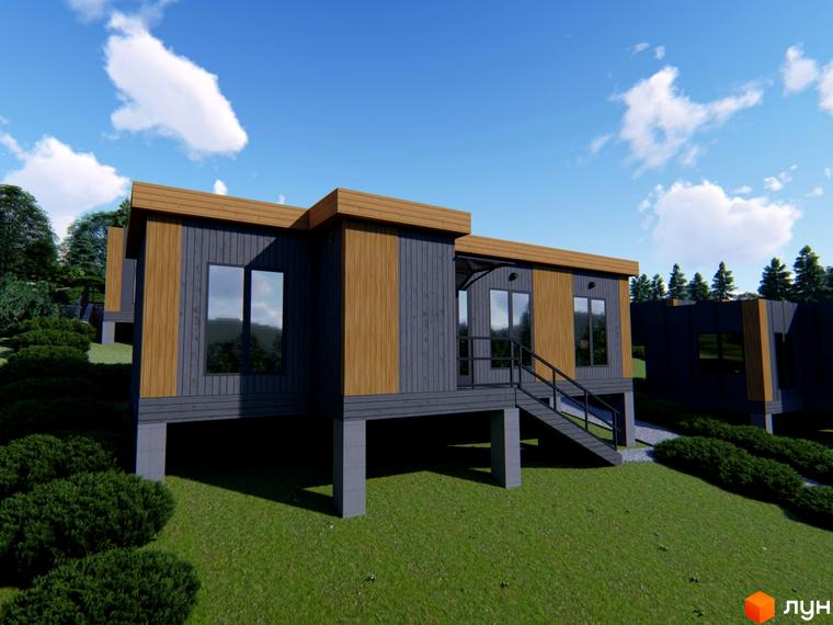 Котеджне містечко КМ КРАСІЯ РЕЗІДЕНС: двоповерхові будинки з дерев'яними та сірими фасадами, великими вікнами, розташовані на схилі серед зелені.