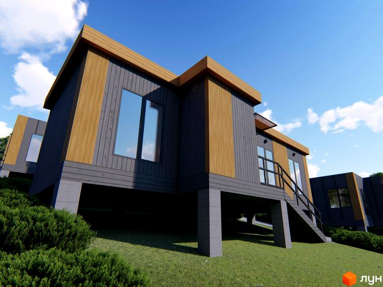 Зображення будинків Котеджного містечка КРАСІЯ РЕЗІДЕНС. Двоповерхові будівлі з дерев'яним оздобленням та великими вікнами.