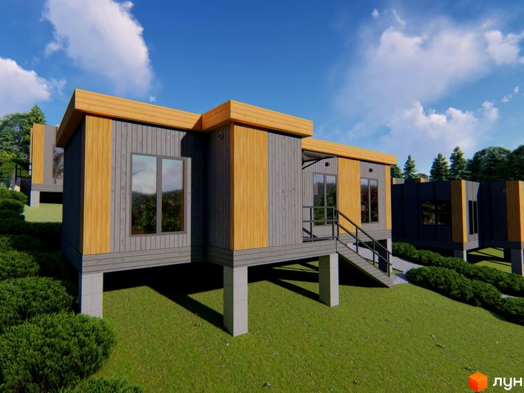 Котеджне містечко КМ КРАСІЯ РЕЗІДЕНС: двоповерхові будинки з дерев'яним оздобленням та великими вікнами, розташовані на схилі серед зелені.