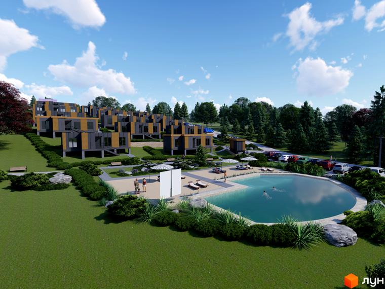 Котеджне містечко КМ КРАСІЯ РЕЗІДЕНС з сучасними будинками та зоною відпочинку з басейном. На території комплексу є зелені насадження та парковка.