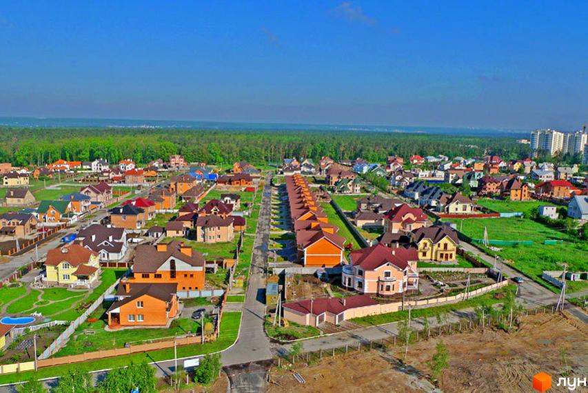 Зовнішній вигляд котеджного містечка КМ Рутенія з різноманітними будинками та зеленими прибудинковими територіями.