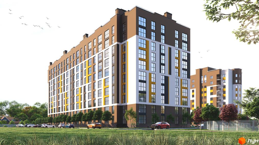 Зовнішній вигляд новобудови на вул. Залізнична, 16 з автомобілями на парковці та зеленими деревами навколо. Сучасна архітектура та прибудинкова територія.