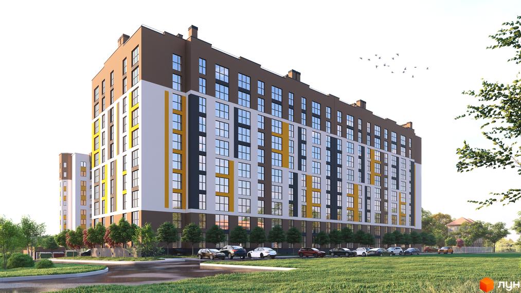 Новобудова на вулиці Залізнична, 16 з багатою прибудинковою територією та зеленою зоною. Фасад будинку оздоблений білим, коричневим та жовтим кольорами.