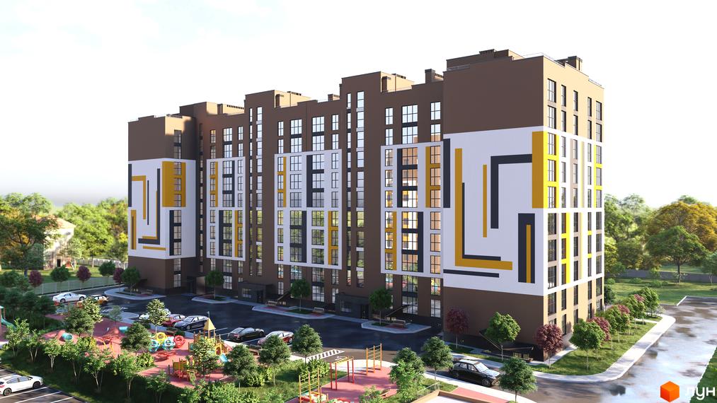 Сучасний житловий комплекс на вулиці Залізнична, 16, з яскравим фасадом та упорядкованою прибудинковою територією з дитячим майданчиком та парковкою.