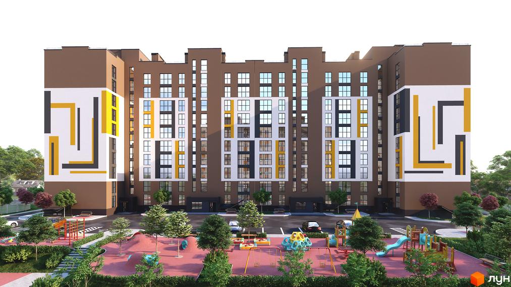 Фасад житлового комплексу на вул. Залізнична, 16, з яскравим геометричним візерунком та дитячим майданчиком. Сучасна архітектура та зручна прибудинкова територія для відпочинку.