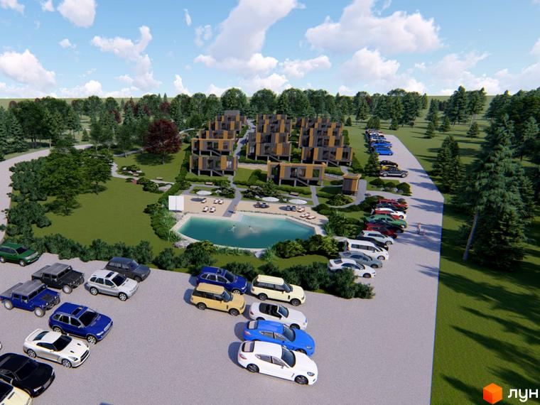 Зображення Котеджного містечка КРАСІЯ РЕЗІДЕНС з будинками, басейном та парковкою. Вигляд на новобудову з прилеглою територією.
