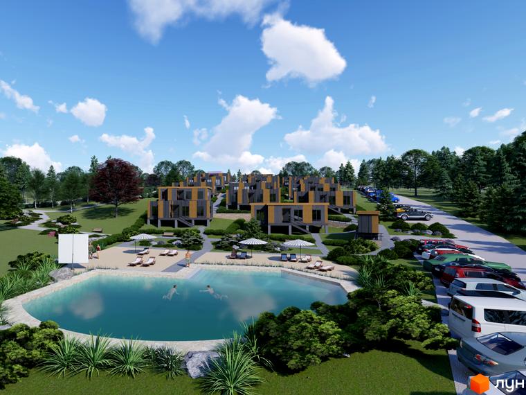 Зображення Котеджного містечка КРАСІЯ РЕЗІДЕНС з будинками, басейном та парковкою. Вигляд на житловий комплекс та прибудинкову територію.