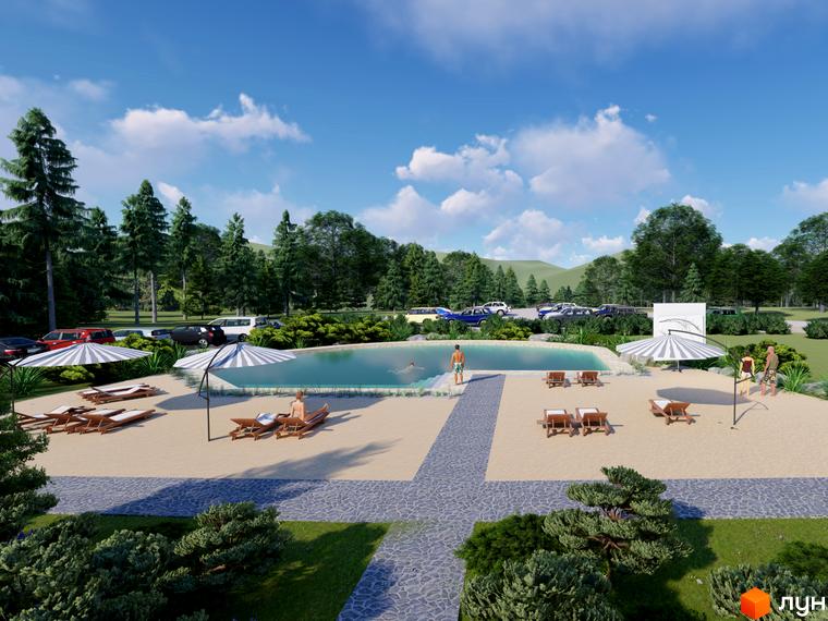 Зображення території Котеджного містечка КРАСІЯ РЕЗІДЕНС з басейном, пляжем та лежаками. На задньому плані парковка та зелені насадження.