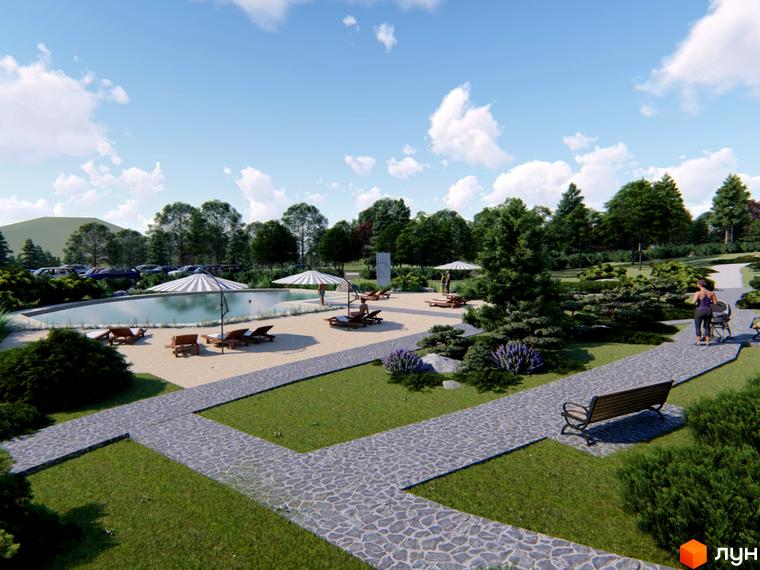 Зображення території Котеджного містечка КРАСІЯ РЕЗІДЕНС з басейном, лежаками, парасольками та доріжками для прогулянок.