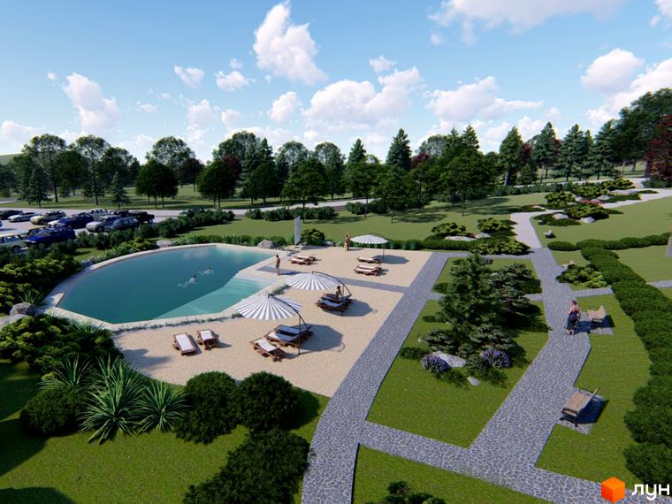 Зображення Котеджного містечка КРАСІЯ РЕЗІДЕНС з басейном та пляжем. Навколо зелені дерева та доглянута територія.