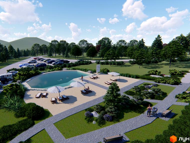 Котеджне містечко КМ КРАСІЯ РЕЗІДЕНС з басейном та зоною відпочинку. На території комплексу розташовані зелені насадження, доріжки та місця для паркування.