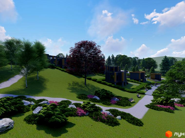 Зображення Котеджне містечко КРАСІЯ РЕЗІДЕНС: будинок з прибудинковою територією. Ландшафтний дизайн з доріжками та зеленими насадженнями.